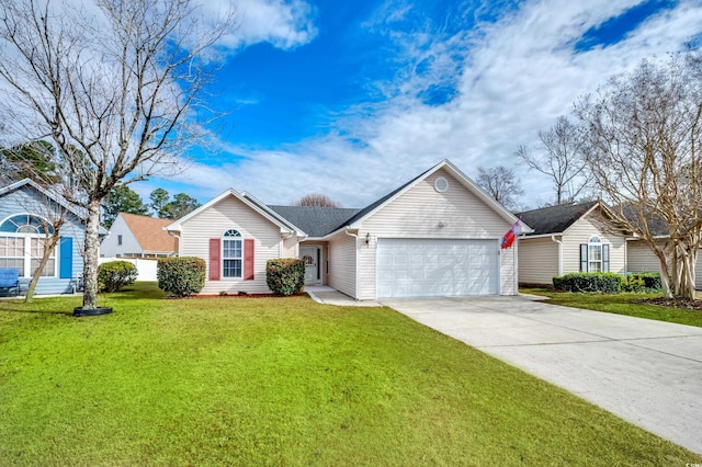 ranch-style house with a garage and a front lawn