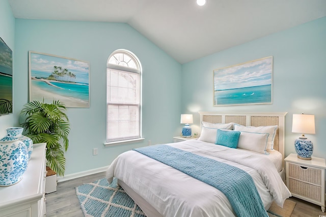 bedroom with light hardwood / wood-style floors and lofted ceiling