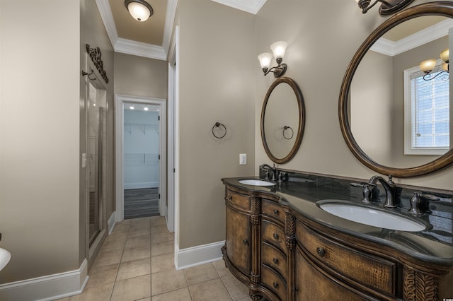 bathroom with walk in shower, tile patterned flooring, a notable chandelier, crown molding, and vanity