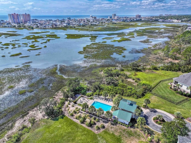 drone / aerial view featuring a water view