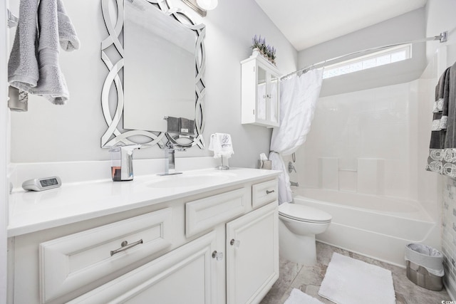 full bathroom featuring vanity, shower / bathtub combination with curtain, and toilet