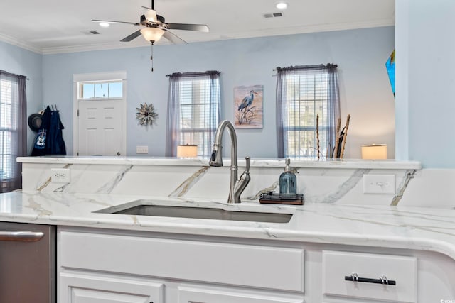 kitchen with light stone countertops, a wealth of natural light, ornamental molding, and sink