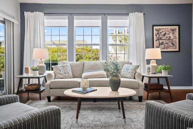 living area featuring baseboards and wood finished floors