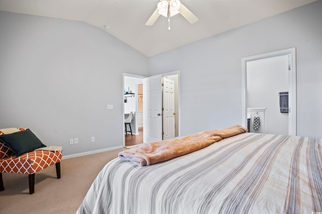 bedroom featuring baseboards, a ceiling fan, vaulted ceiling, and carpet floors