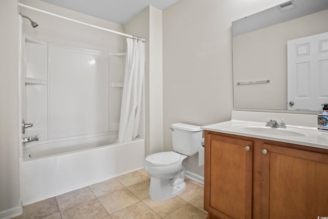 bathroom featuring shower / bath combination with curtain, vanity, visible vents, toilet, and tile patterned floors
