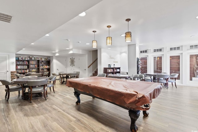 game room with visible vents, billiards, light wood finished floors, and recessed lighting
