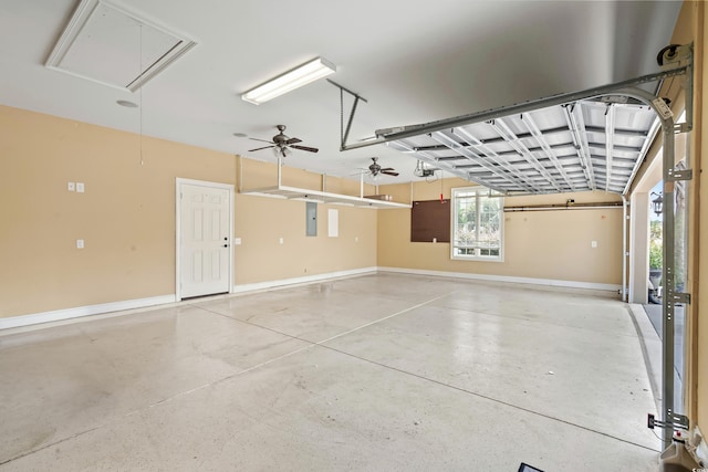 garage featuring ceiling fan and electric panel