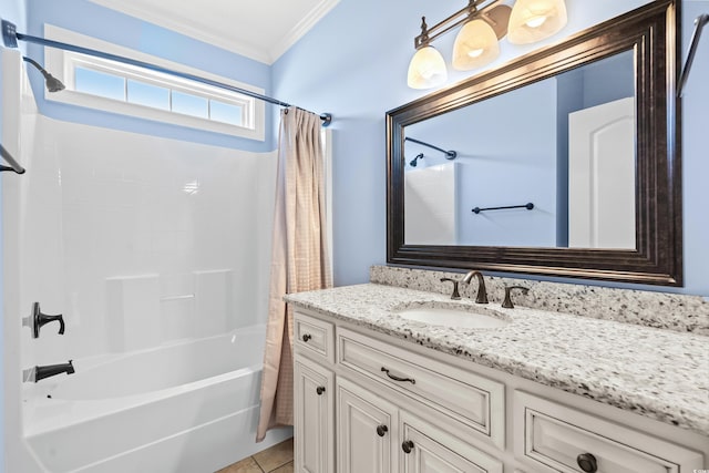 bathroom with shower / bath combination with curtain, vanity, tile patterned floors, and crown molding