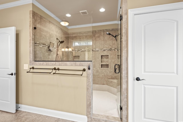 bathroom featuring an enclosed shower and ornamental molding