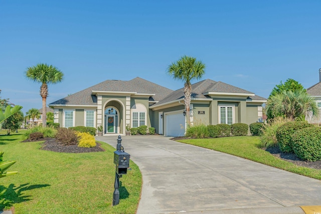 ranch-style home featuring a garage and a front lawn