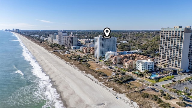 drone / aerial view with a water view and a beach view