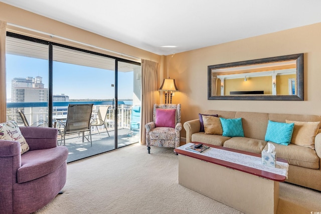 living room with carpet floors and a water view