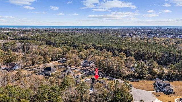 bird's eye view with a water view and a view of trees