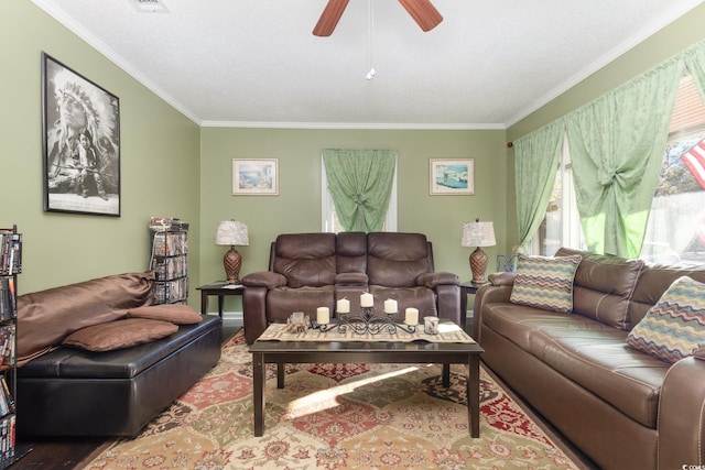 living room with crown molding, ceiling fan, and a textured ceiling