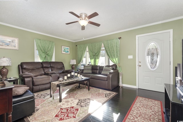 living room featuring ceiling fan, dark hardwood / wood-style flooring, ornamental molding, and a textured ceiling