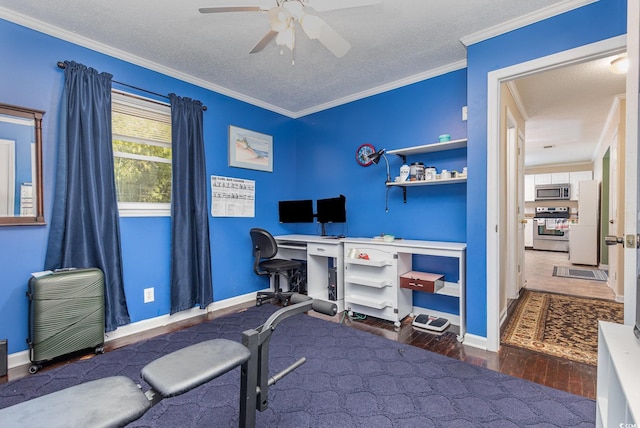 office space featuring ceiling fan, dark hardwood / wood-style flooring, ornamental molding, and a textured ceiling