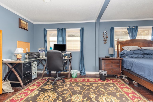 bedroom with a textured ceiling, dark hardwood / wood-style floors, and ornamental molding