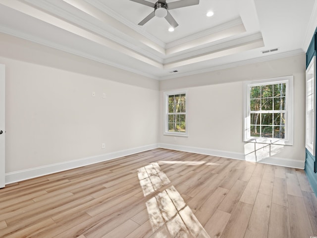 empty room featuring a tray ceiling, crown molding, light hardwood / wood-style flooring, and a healthy amount of sunlight