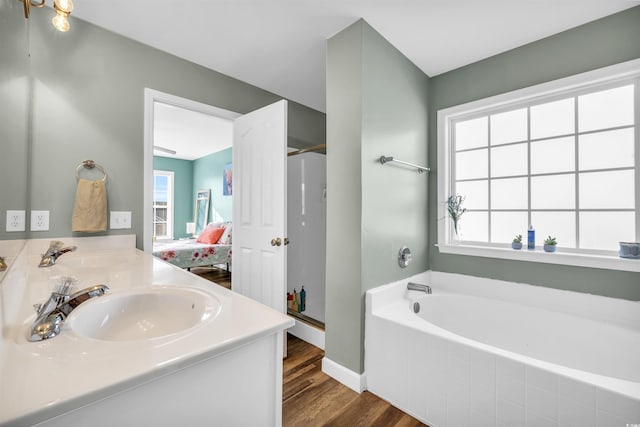 bathroom featuring separate shower and tub, vanity, and wood-type flooring