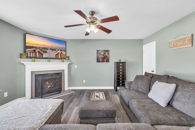 living room with ceiling fan and wood-type flooring