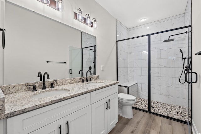 bathroom featuring an enclosed shower, vanity, and toilet