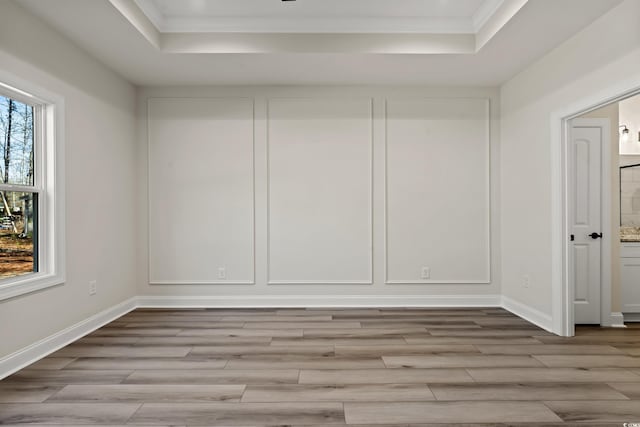 spare room featuring a raised ceiling, light wood-type flooring, and ornamental molding