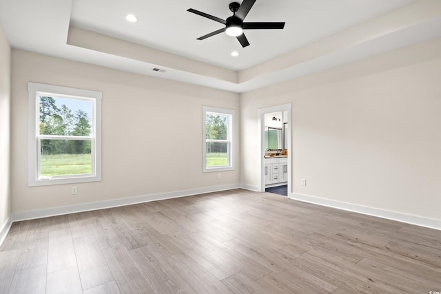 spare room with hardwood / wood-style flooring, plenty of natural light, and a tray ceiling