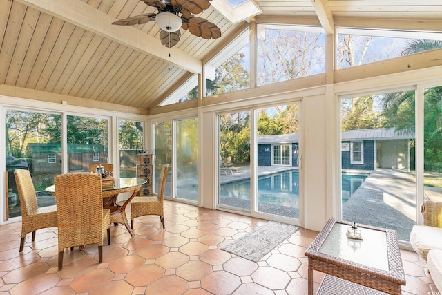 sunroom with wood ceiling, ceiling fan, a healthy amount of sunlight, and lofted ceiling with skylight