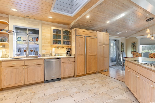 kitchen with light brown cabinetry, stainless steel dishwasher, vaulted ceiling with skylight, wood ceiling, and hanging light fixtures