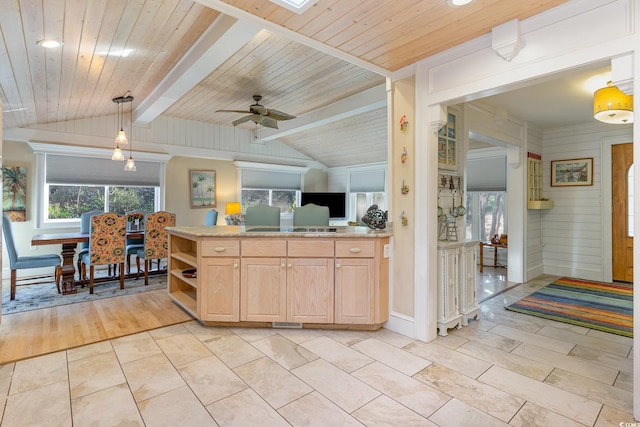 kitchen featuring wood walls, ceiling fan, light brown cabinets, and lofted ceiling with beams