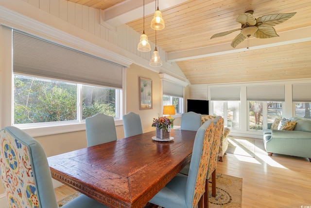 dining space featuring vaulted ceiling with beams, ceiling fan, wooden ceiling, and light wood-type flooring