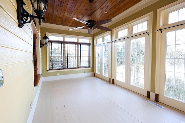 unfurnished sunroom featuring wooden ceiling and ceiling fan