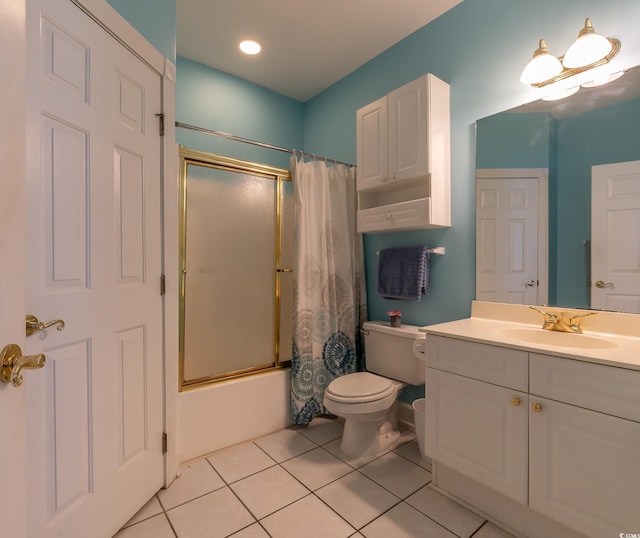 bathroom featuring toilet, shower / tub combo, tile patterned flooring, and vanity