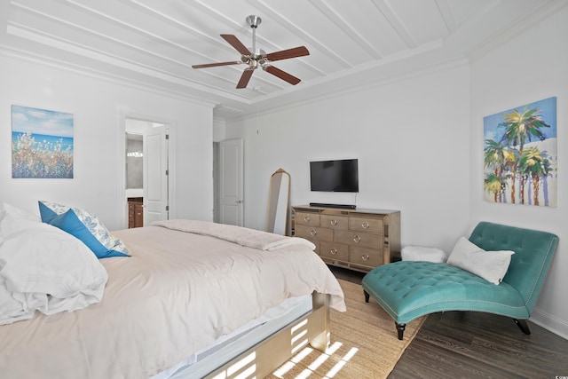 bedroom featuring ceiling fan, ornamental molding, ensuite bathroom, and hardwood / wood-style flooring