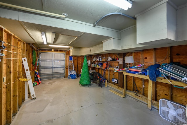 garage with a workshop area