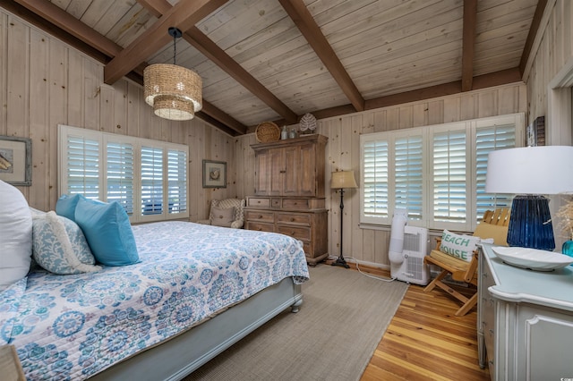 bedroom featuring vaulted ceiling with beams, light hardwood / wood-style floors, wooden ceiling, and wooden walls