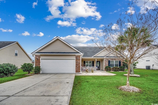 single story home featuring central AC unit, a porch, a garage, and a front yard