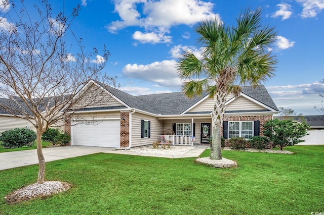 ranch-style house with a front yard, a porch, and a garage