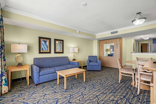 carpeted living room with crown molding and a textured ceiling