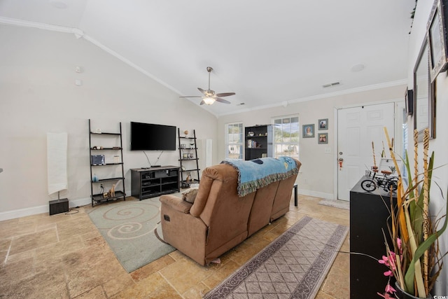 living room featuring vaulted ceiling, ceiling fan, and crown molding