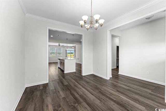 unfurnished dining area with dark wood-type flooring, ceiling fan with notable chandelier, and ornamental molding