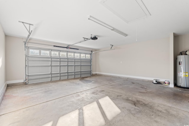 garage with a garage door opener and water heater