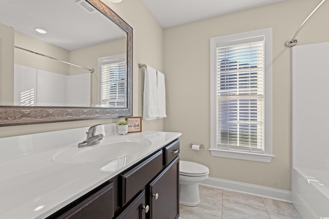 full bathroom with tile patterned flooring, vanity,  shower combination, and toilet