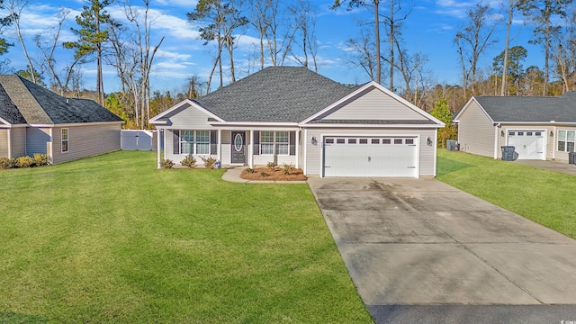 ranch-style home with a front yard and a garage