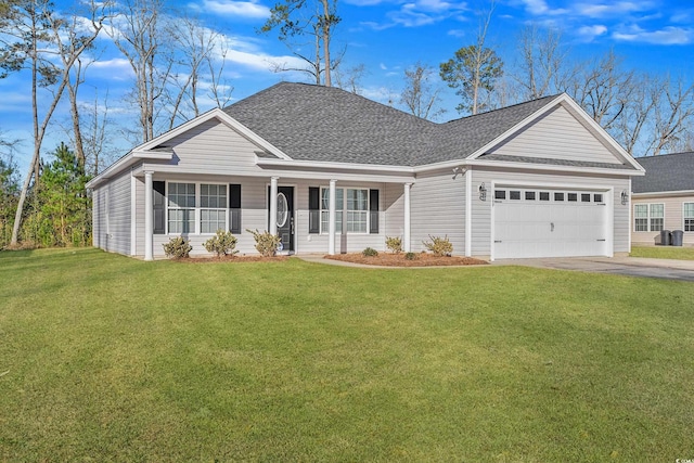 single story home featuring a garage and a front lawn