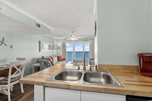 kitchen featuring a textured ceiling, butcher block counters, sink, and hardwood / wood-style floors