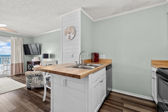 kitchen featuring sink, dark wood-type flooring, stainless steel dishwasher, butcher block countertops, and white cabinets