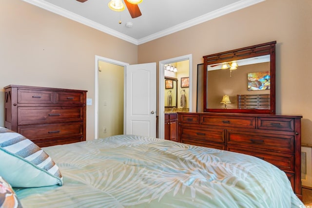 bedroom featuring connected bathroom, ceiling fan, and ornamental molding