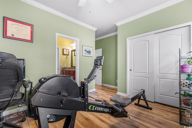 exercise area featuring hardwood / wood-style flooring, ceiling fan, and crown molding