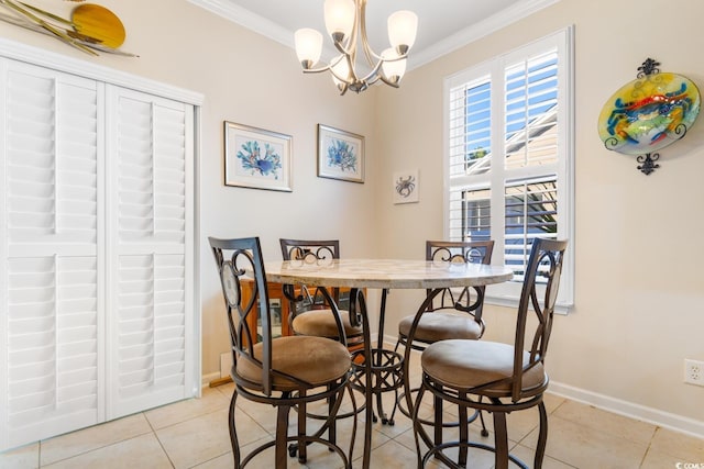 tiled dining room with crown molding and a notable chandelier